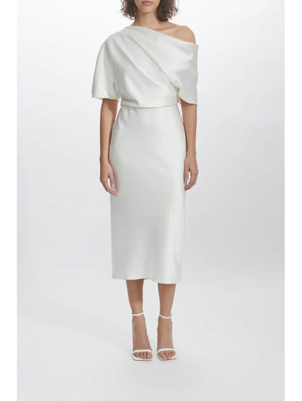 Saks Fifth Avenue x Amsale - Ivory Off Shoulder Satin Midi Dress, Size 4